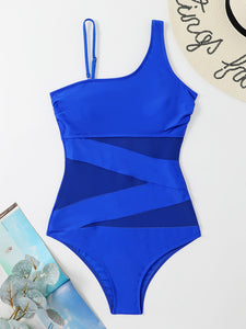 One Piece Mesh Stomach Solid Color Bathing Suit