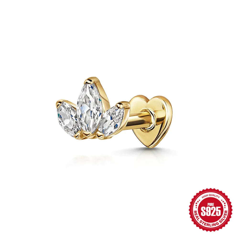 925 Sterling Silver Heart Flat Push-Back Zircon Piercing Stud Earrings