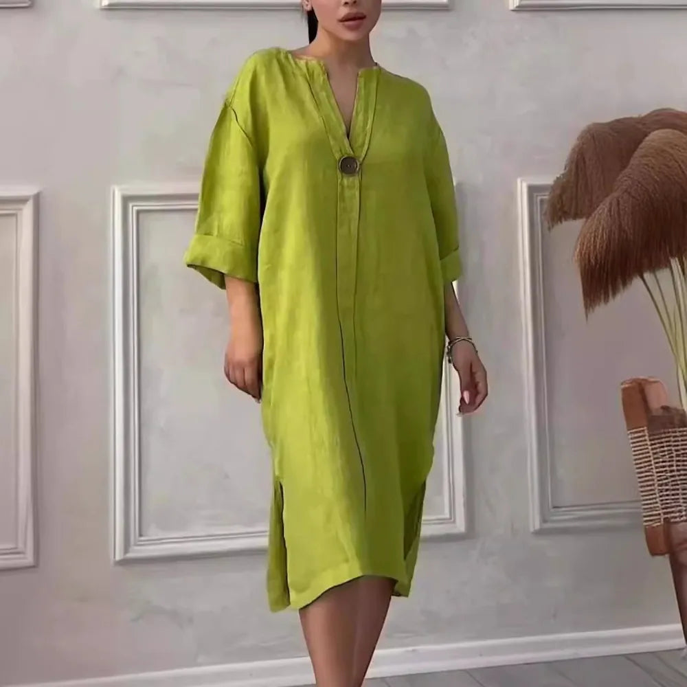 Cotton and Linen Solid Color Casual Round Neck Button Long Dress