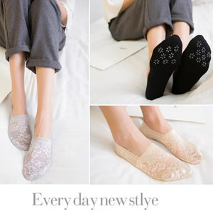 5Pairs Lace Floral Print Short Invisible Slipper Socks