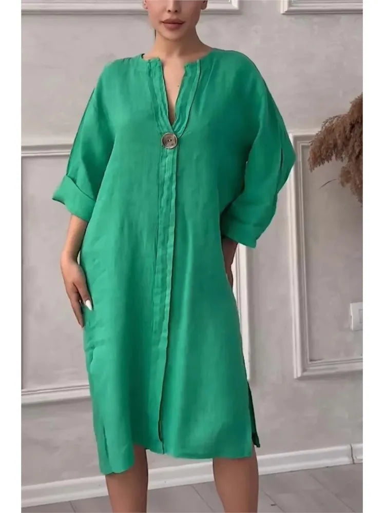 Long Sleeve Linen Solid Color Dress