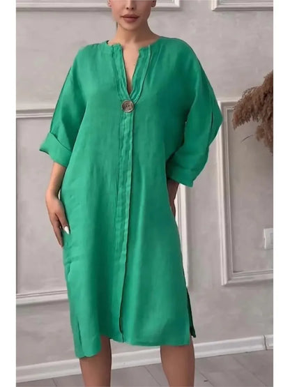 Long Sleeve Linen Solid Color Dress