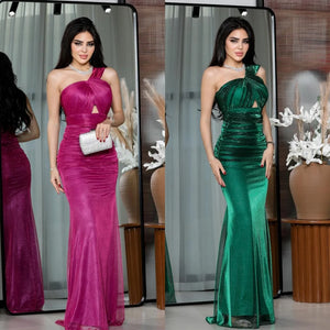 Net Pleat A-line One-shoulder Long Gown