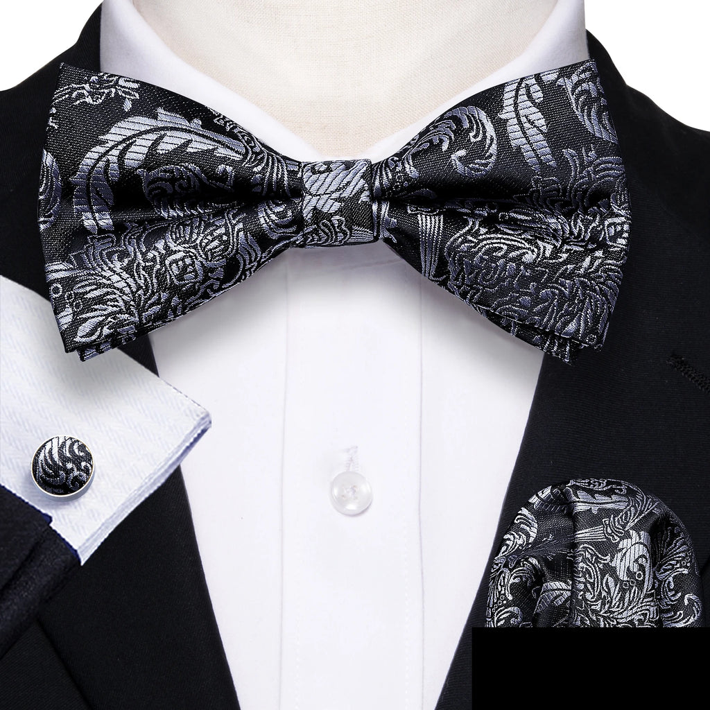 Barry.Wang Silk Bow Tie Hanky Cuffs Set