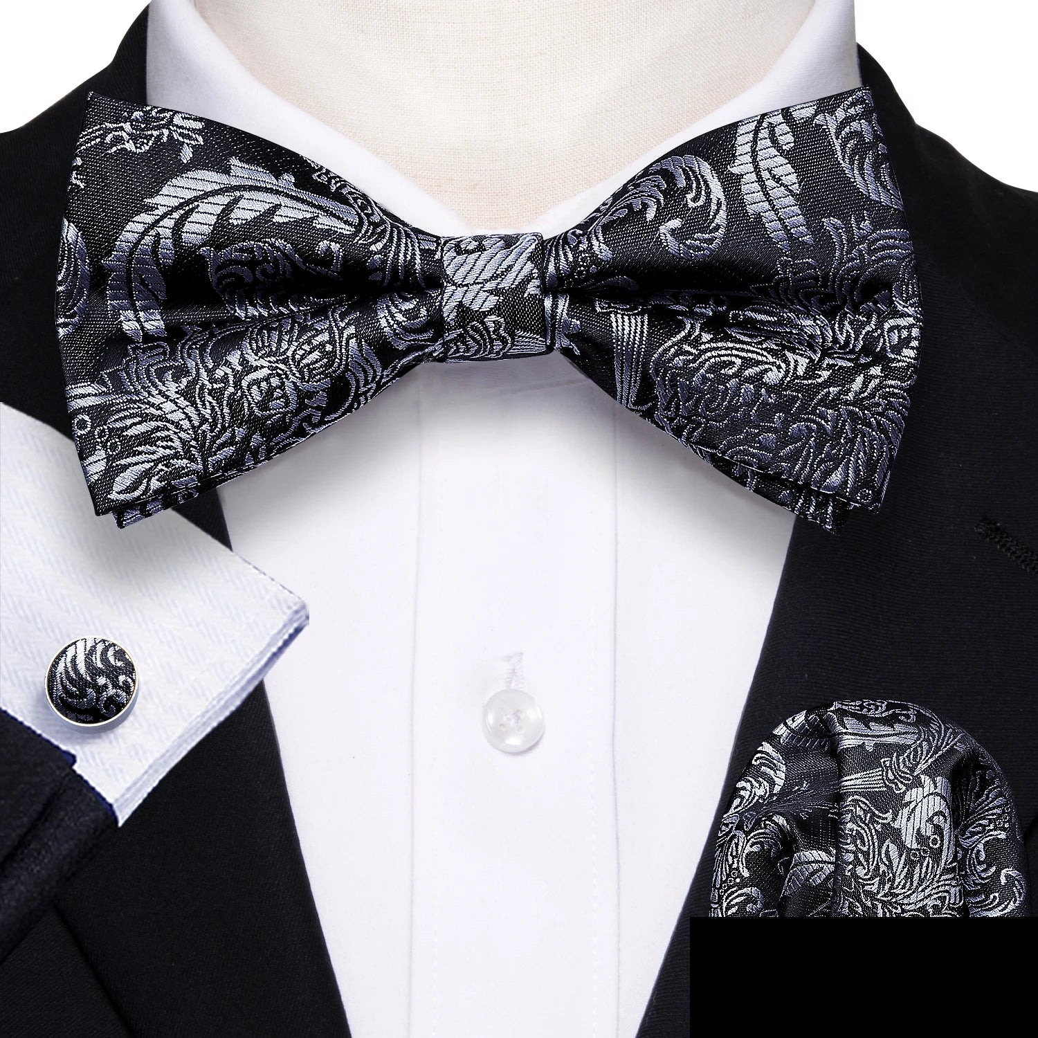Barry.Wang Silk Bow Tie Hanky Cuffs Set
