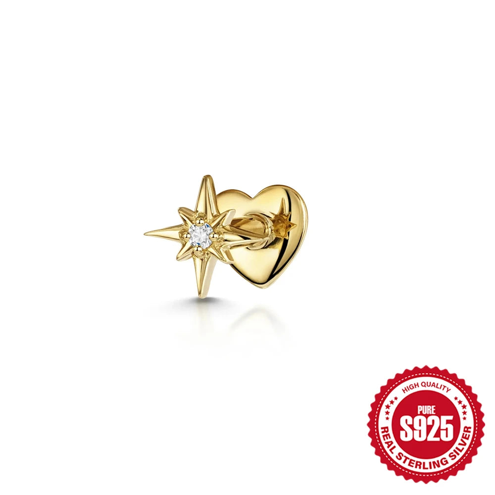 925 Sterling Silver Heart Flat Push-Back Zircon Piercing Stud Earrings