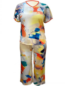 2 Piece Abstract Print Short Sleeve Top and Pants Set