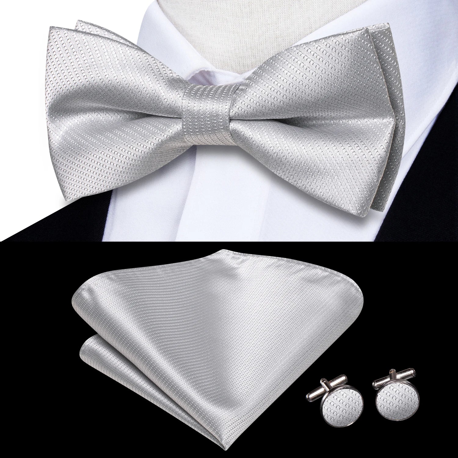 Solid Silk Bow Tie Hanky Cuff Links Set