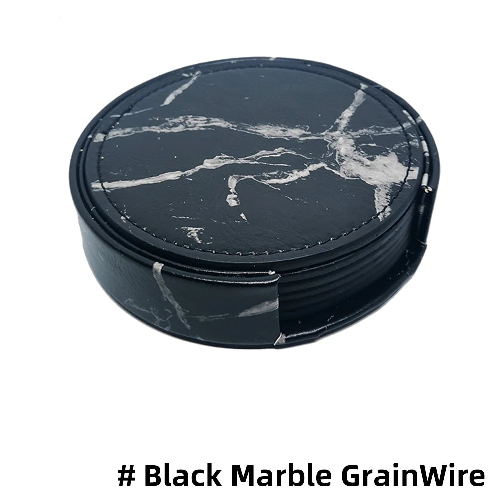 6-Pcs Artificial Leather Marble Style with Holder Drink Coasters