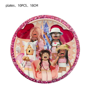 Pink Robloxed Theme Birthday Party Decorations Tableware Balloons Cups Plates Banner Backdrop Set