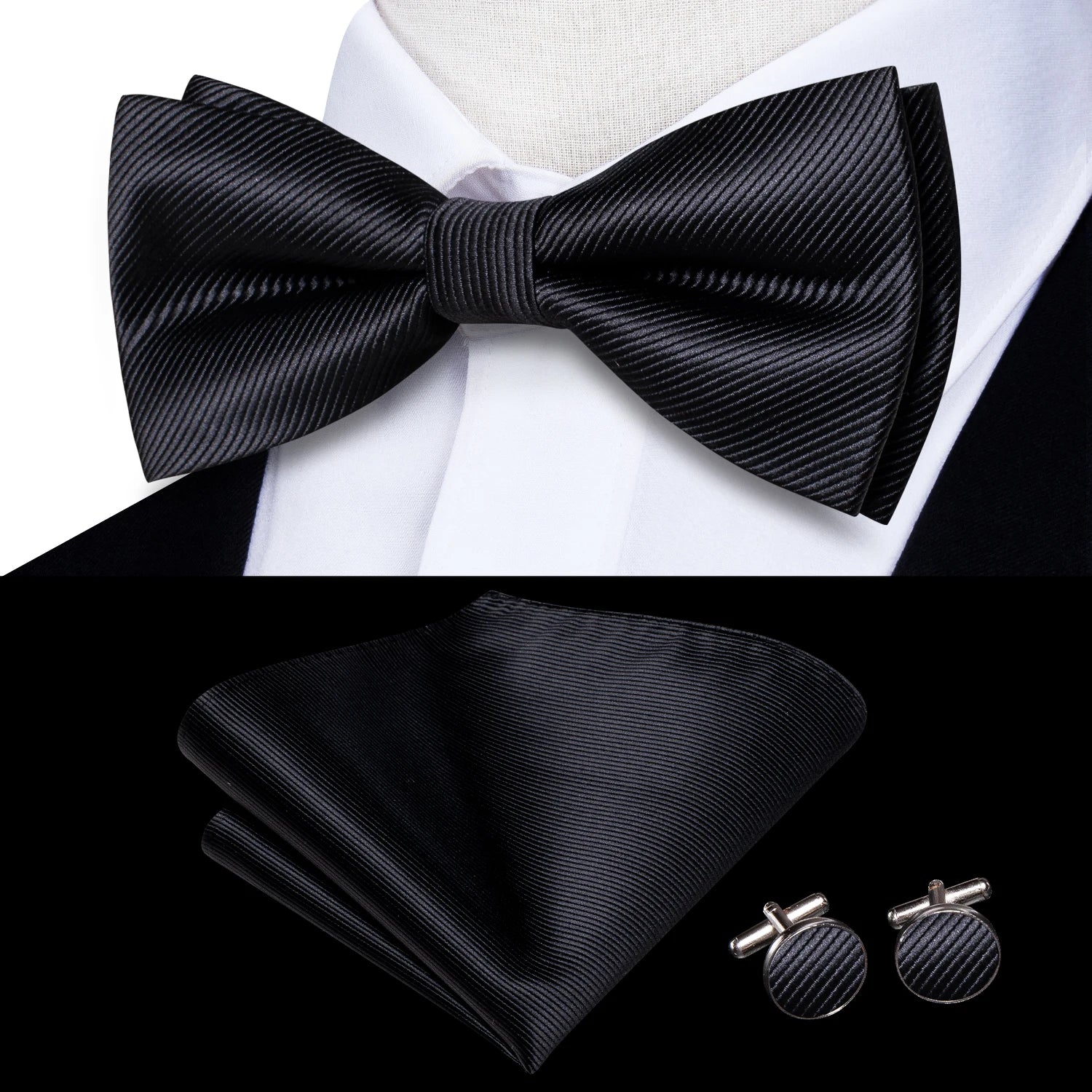 Solid Silk Bow Tie Hanky Cuff Links Set