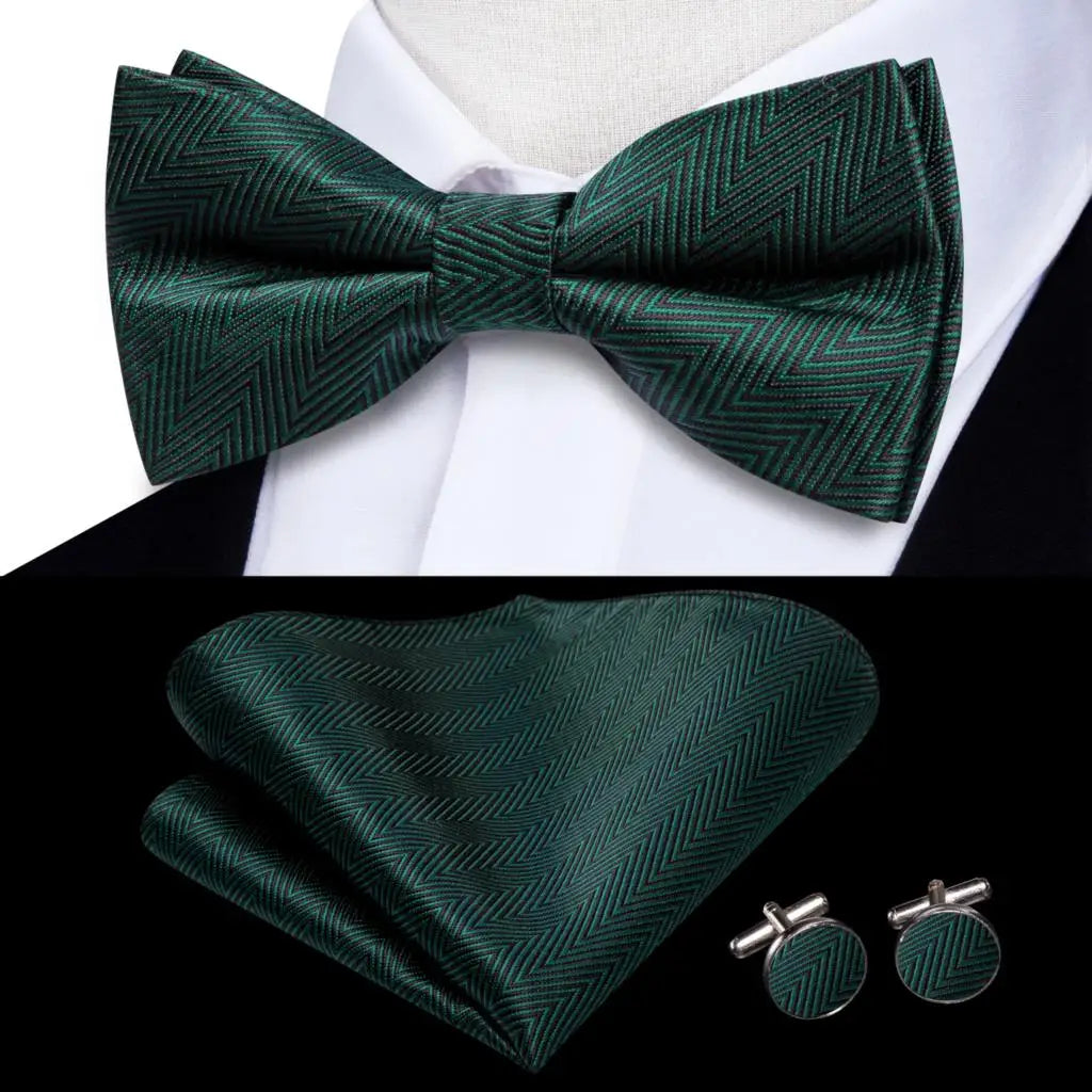 Solid Silk Bow Tie Hanky Cuff Links Set