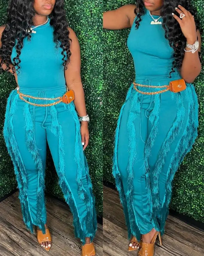 Solid Casual Tank Top & Tassel Decor Drawstring Pants Set
