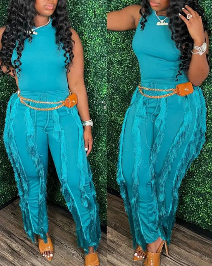 Solid Casual Tank Top & Tassel Decor Drawstring Pants Set