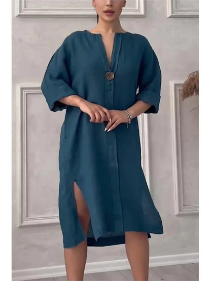 Long Sleeve Linen Solid Color Dress