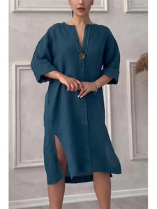 Long Sleeve Linen Solid Color Dress