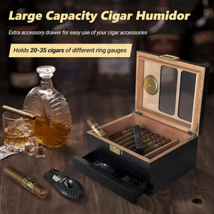 Glass Top Cedar Wood 20-35 Cigars with Hygrometer Cigar Lighter and V-Cutter
