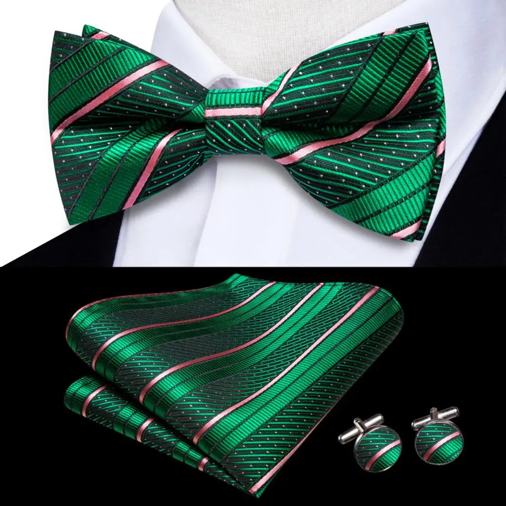 Solid Silk Bow Tie Hanky Cuff Links Set