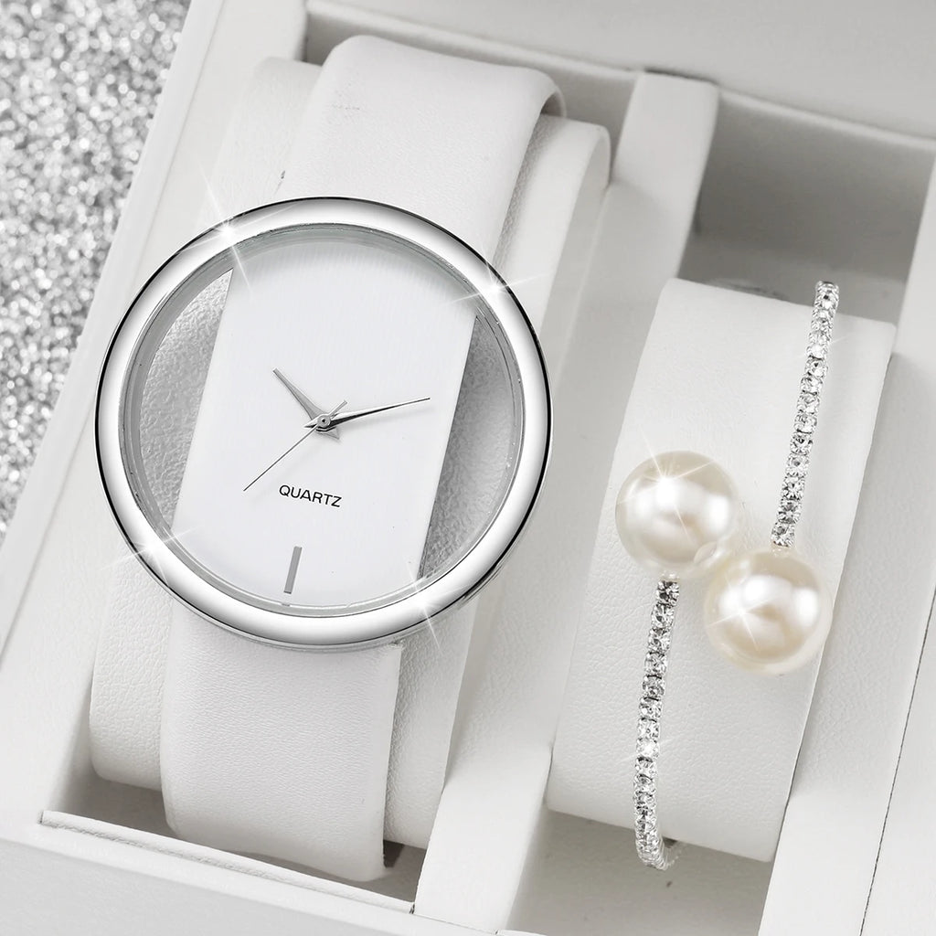 2PCS/Set Women's Pearl Bracelet Watch Set