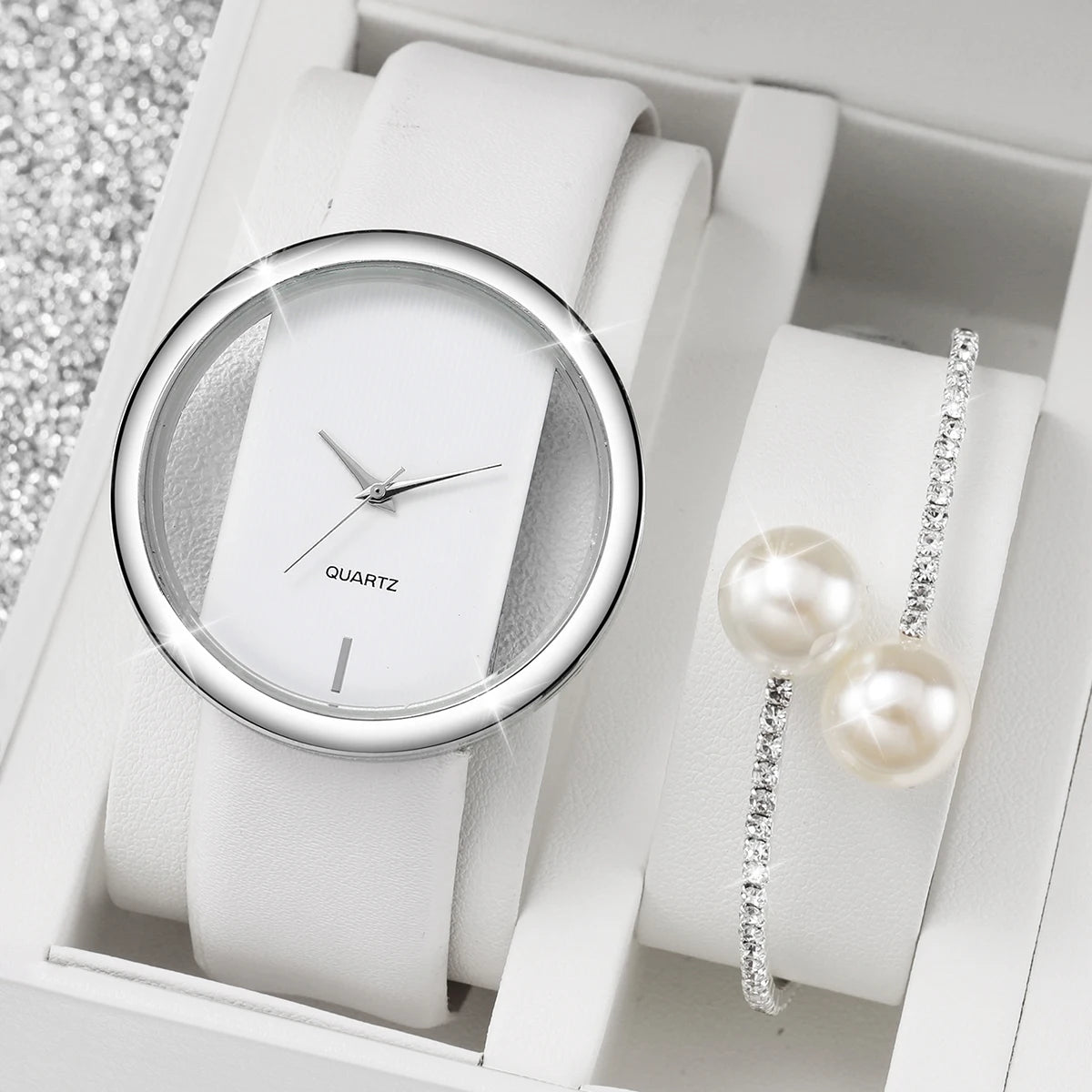 2PCS/Set Women's Pearl Bracelet Watch Set