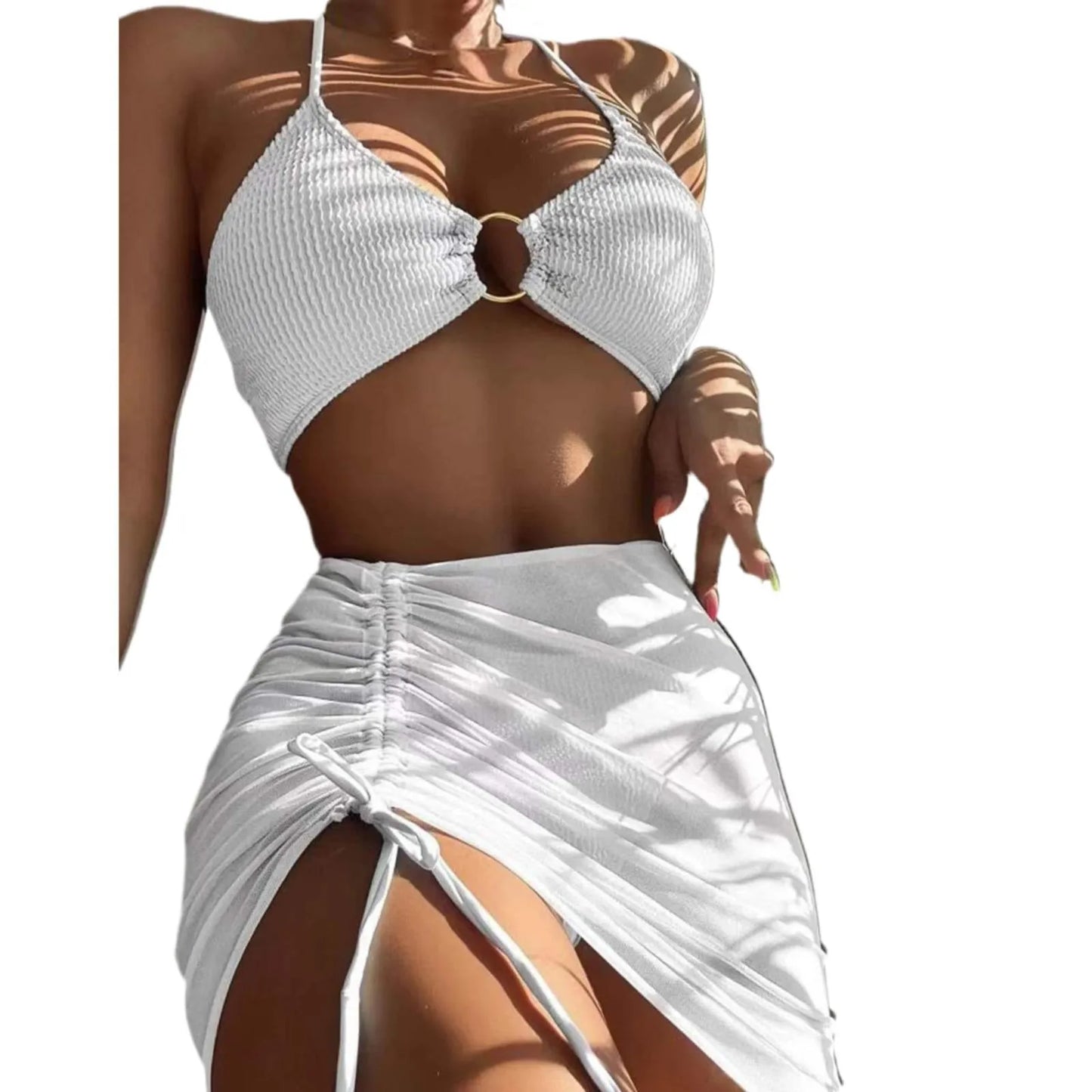 Solid Color 3Pce Bikini With Adjustable Drawstring