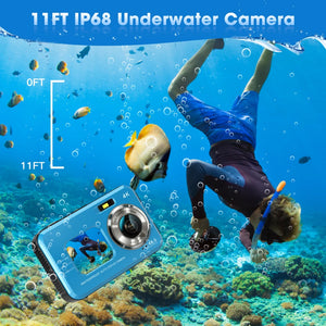 4K 11' Waterproof Camera with 64GB Card 48MP Autofocus Dual-Screen Underwater Camera for Snorkeling