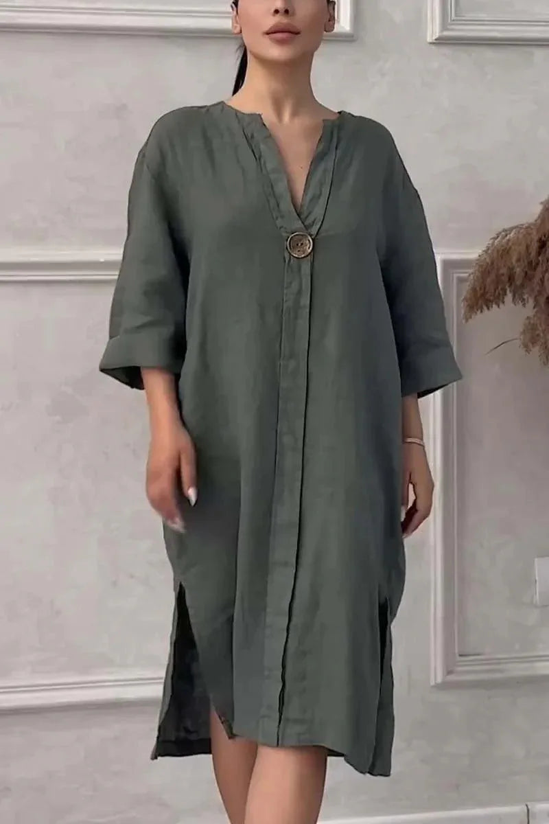 Cotton and Linen Solid Color Casual Round Neck Button Long Dress