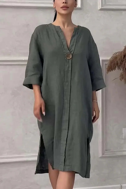Cotton and Linen Solid Color Casual Round Neck Button Long Dress