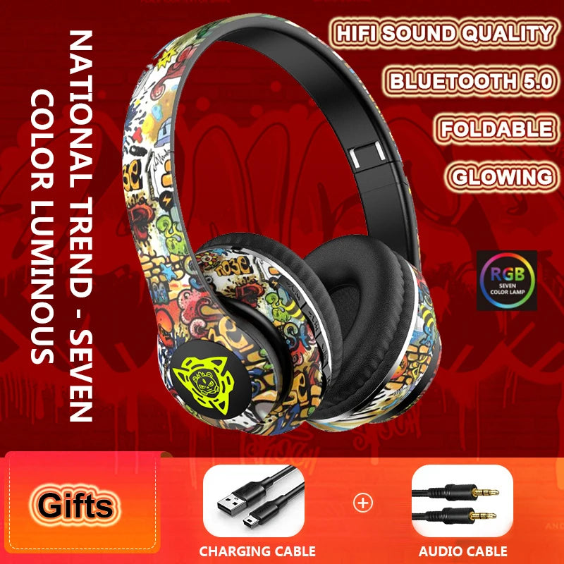LED Graffiti Foldable Wireless Bluetooth Headphones Noise Canceling with Super Bass