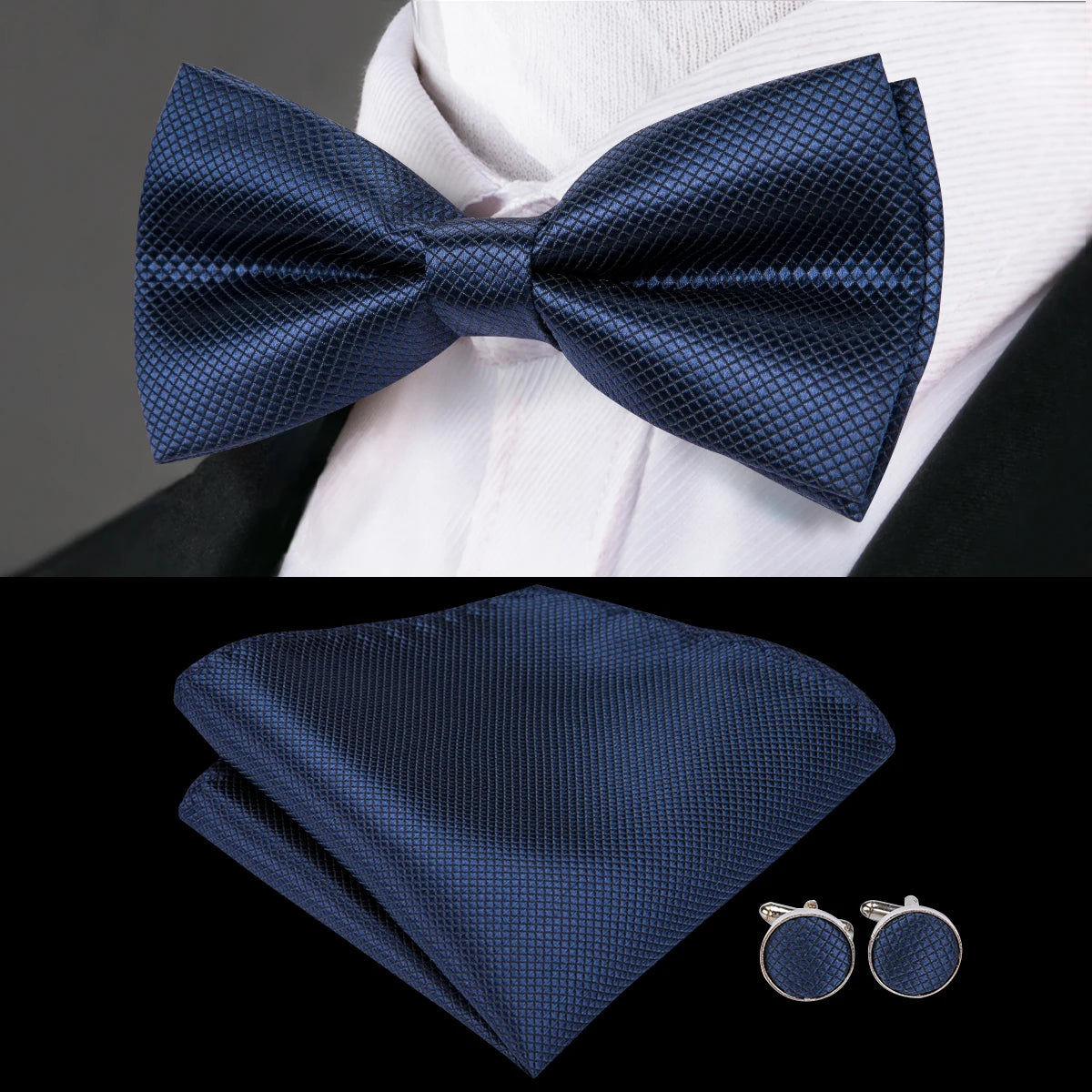 Solid Silk Bow Tie Hanky Cuff Links Set