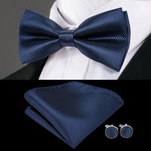 Solid Silk Bow Tie Hanky Cuff Links Set