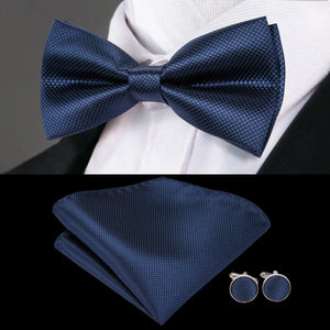 Solid Silk Bow Tie Hanky Cuff Links Set