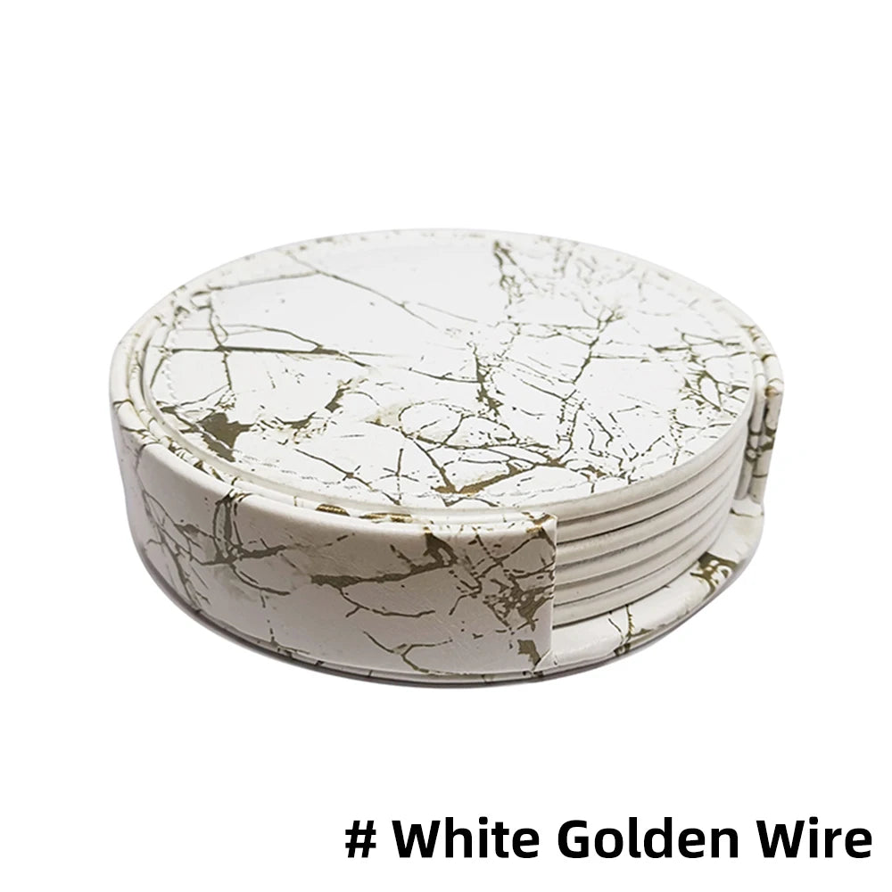 6-Pcs Artificial Leather Marble Style with Holder Drink Coasters