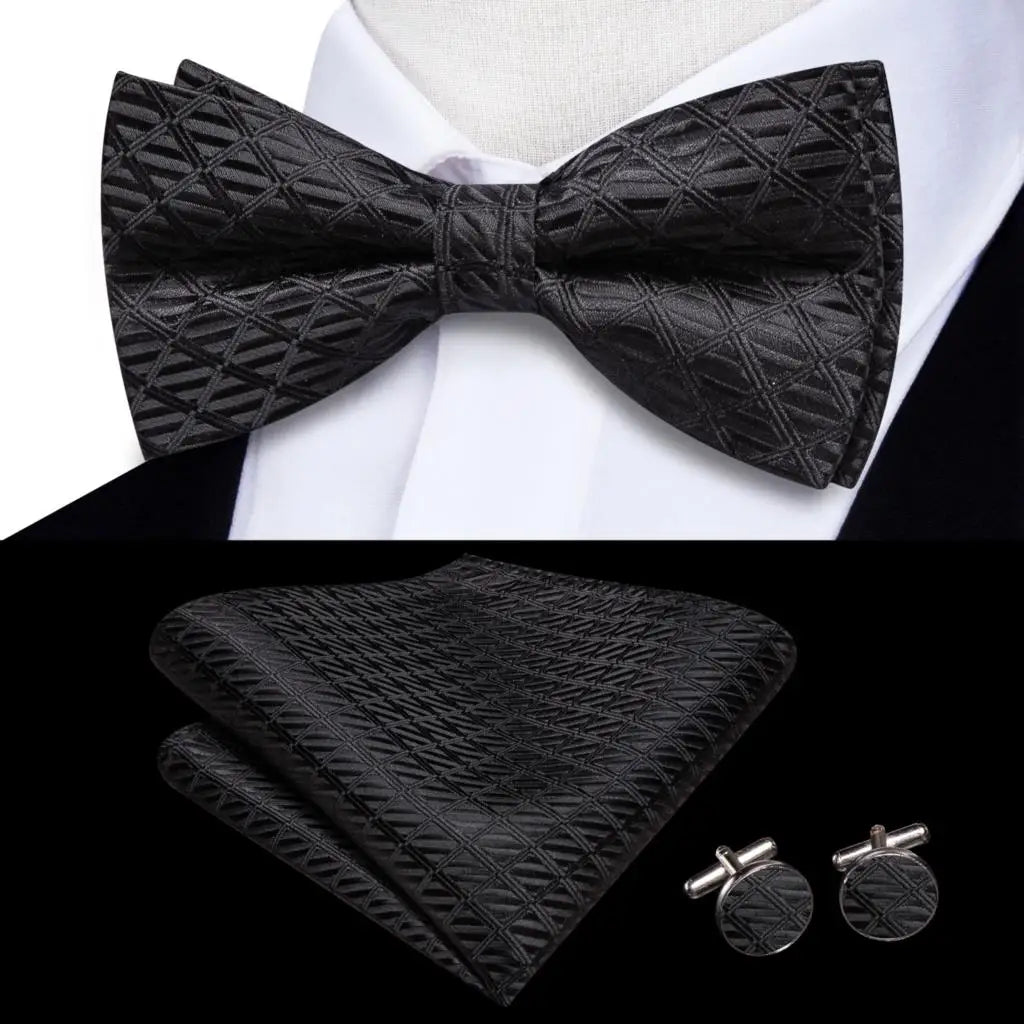 Solid Silk Bow Tie Hanky Cuff Links Set