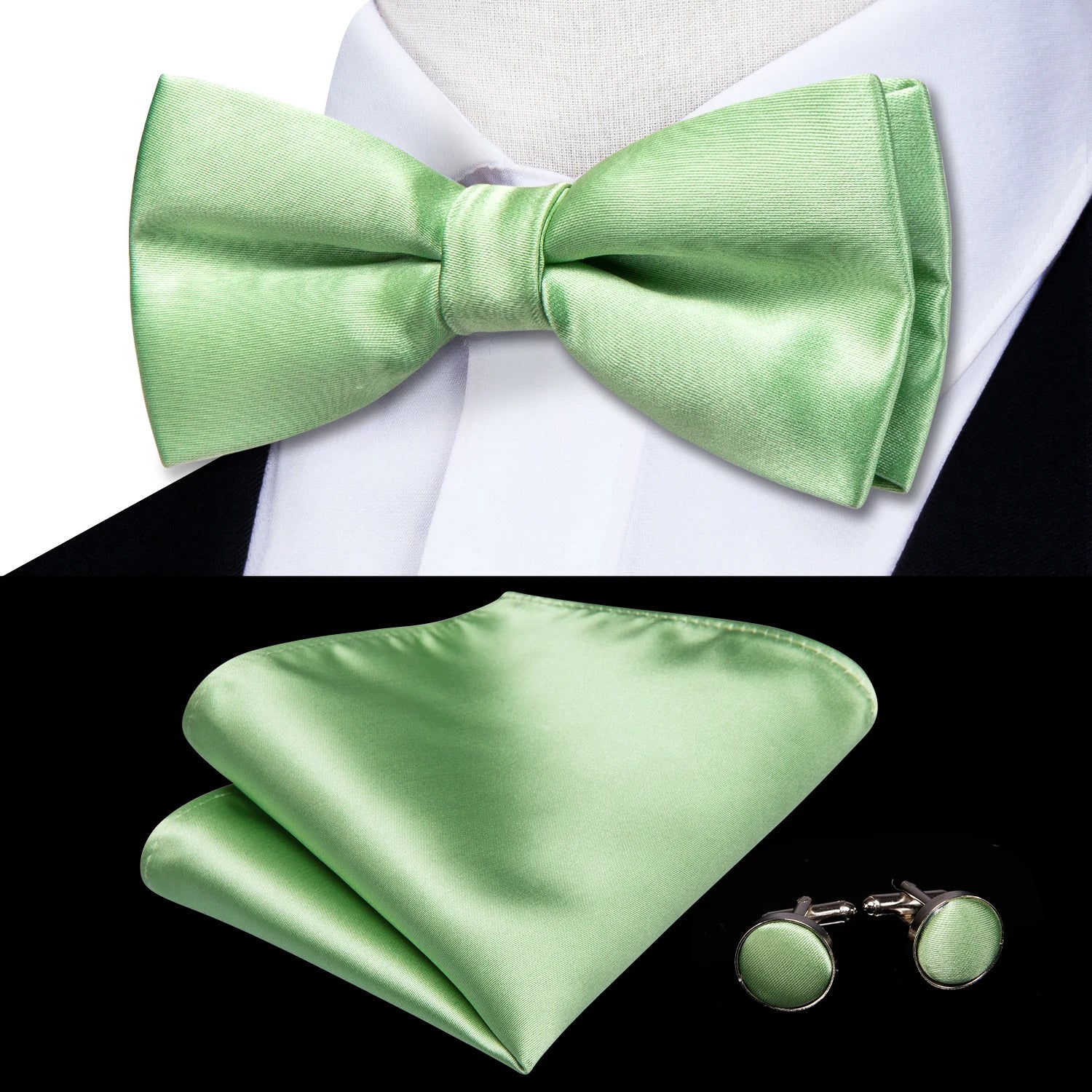 Solid Silk Bow Tie Hanky Cuff Links Set
