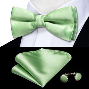 Solid Silk Bow Tie Hanky Cuff Links Set