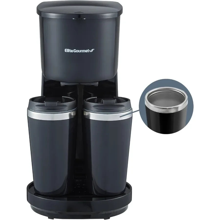 EHC116 Dual Drip Double Coffee Maker with Two 14 Oz Stainless Steel Interior Thermal Travel Mug