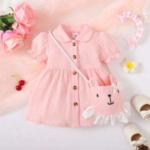 2PCS Baby Girl Pink Short Sleeve Dress with Cute Shoulder Bag