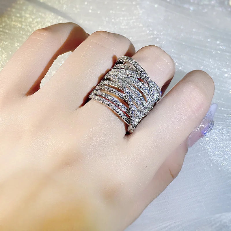 Exaggerated 925 Sterling Silver Stackable Cross Inlaid Full Zircon Ring