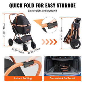 Foldable Pet Stroller with Brakes Storage Basket Detachable Carrier