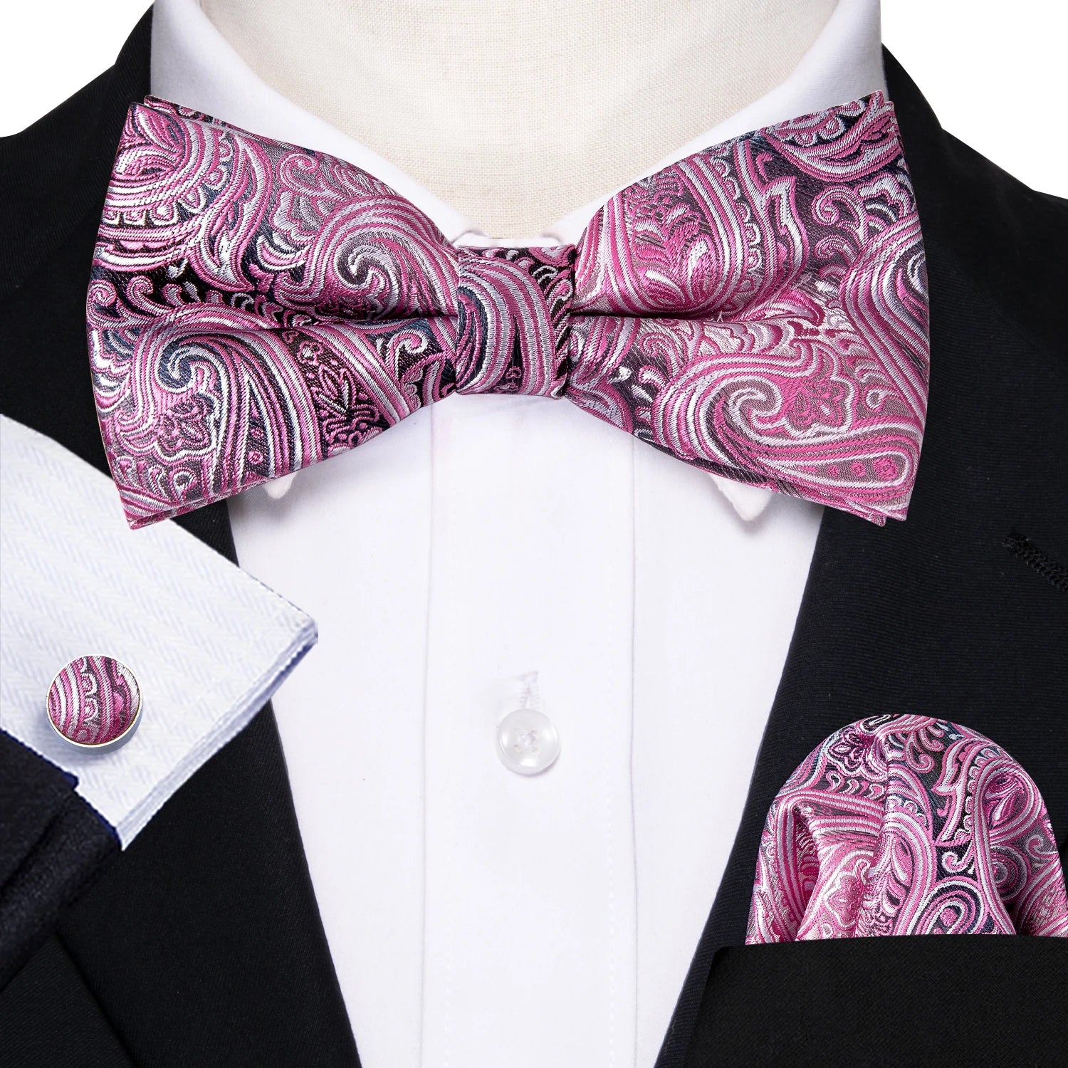 Barry.Wang Silk Bow Tie Hanky Cuffs Set