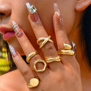 6Pcs Gold Color Smooth Geometric Open Ring Set