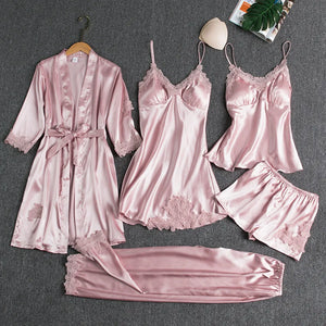 6PC Satin Sleep Pajamas Gown Set