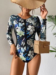 Floral Print One Piece Long Sleeve Retro Swimsuit