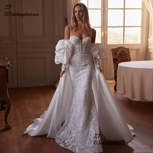 Beaded Shoulder Strapped Sequined Shiny 2 Pieces Wedding Dress With Satin Detachable Train