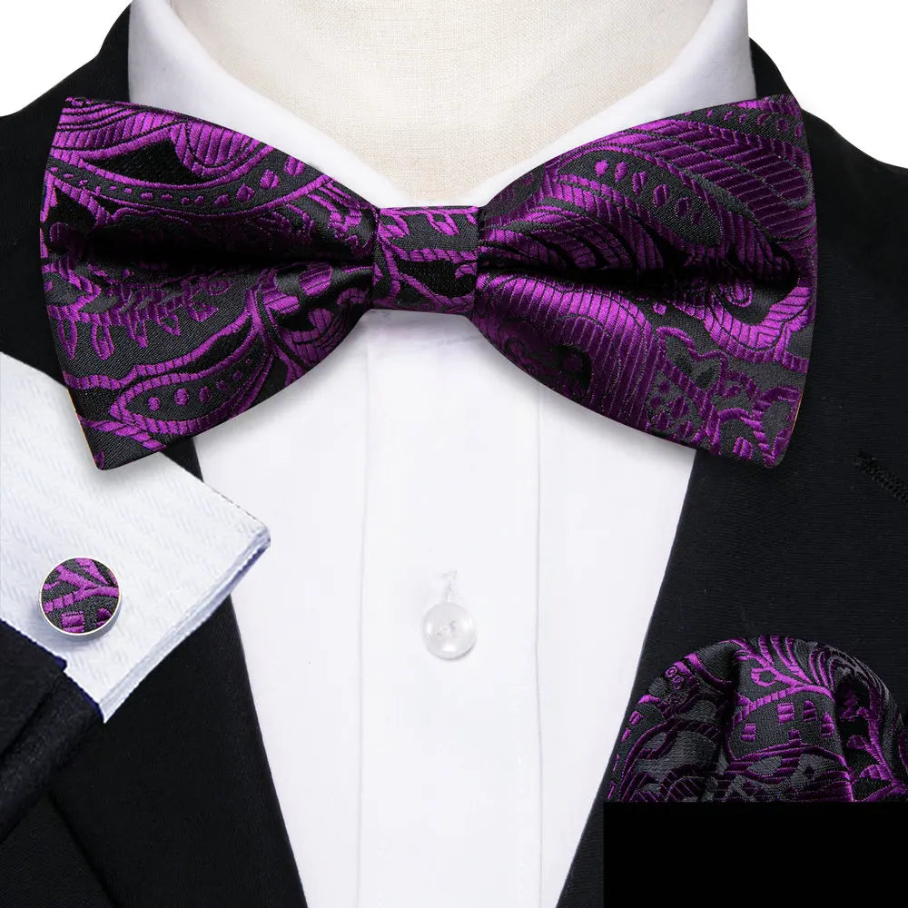 Barry.Wang Silk Bow Tie Hanky Cuffs Set