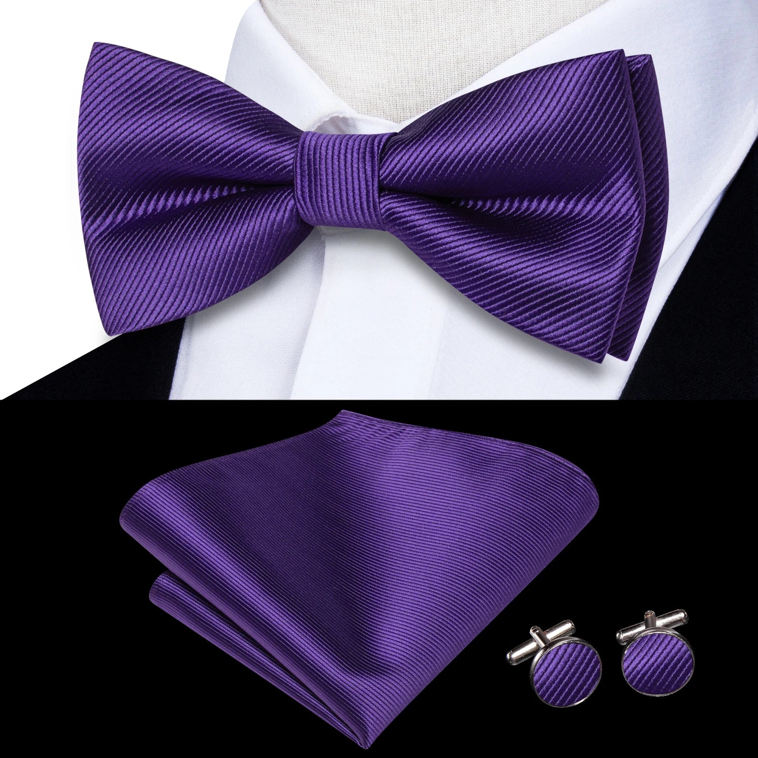 Solid Silk Bow Tie Hanky Cuff Links Set