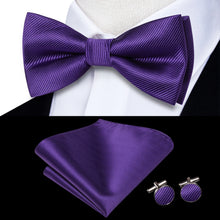 Solid Silk Bow Tie Hanky Cuff Links Set