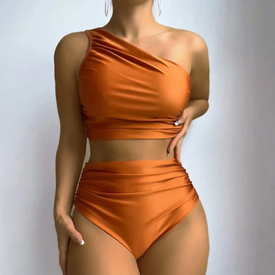 One Shoulder Solid Backless High Waist Bikini