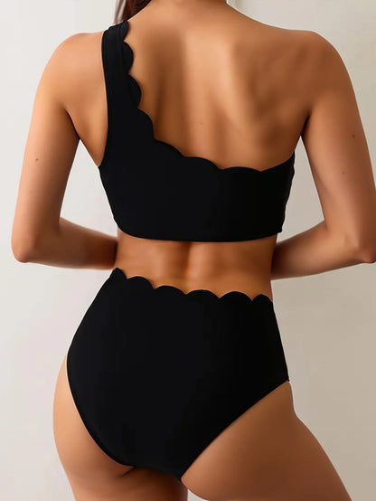Black & White Patchwork Ruffled One Shoulder High Waist Swimsuit